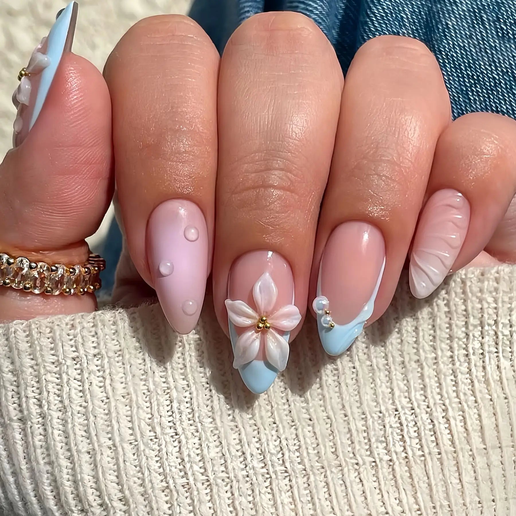 GETADME 24Pcs Mid-length 3D Flowers Design Fingertips Sweet Butterfly Yellow Ripple Almond False Nails Detachable Full Cover Press Ons