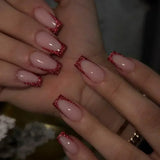 GETADME 24Pcs Short Square Coffin False Nails Square Fake Nails with Glue French Glitter Wearable Acrylic Nails Set Press on Nail Tips