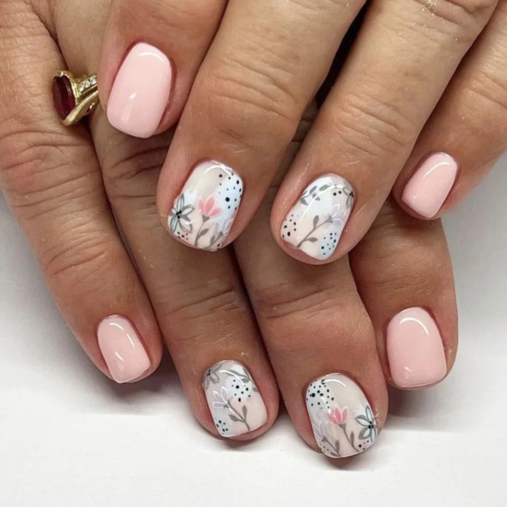 Getadme 24Pcs Short Square Head French False Nails Press on With Simple Flower Design Fake Nail for Woman Reusable Full Cover Nails Tips