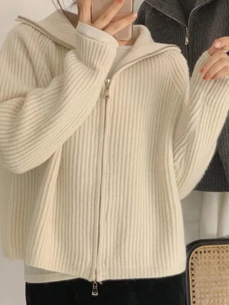 Getadme Casual Knitted Cardigan Sweaters Women Autumn Vintage Zip-up Solid Loose Long Sleeve Tops Knitwear Chic Kpop
