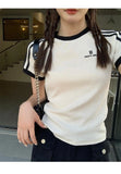 GETADME Women's French Sle Stripe Short Sleeve T-shirt Summer Wear Design Sense Gyaru Round Neck Tops Internet Celebri Oversized Tops