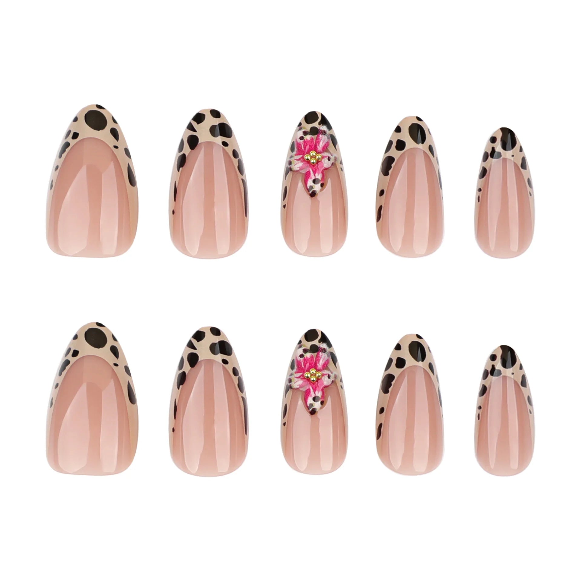 GETADME 24pcs Brown French Leopard Print Press On Nails Stereo Pink Flower Designs Autumn False Nails Sweet Cool Almond Fake Nail Tips
