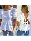 Getadme-Fashion Backless Short Sleeve Shirts For Women Casual Back Lace Up Tops 2024 Spring Summer Chic Ladies Shirt Loose Streetwear