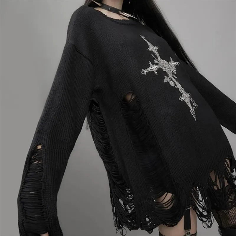 Getadme -Y2K Aesthetic Spring Long Sleeves Criss Cross Sweaters 00s Vintage Graphic Jumpers Gothic E-girl Ripped Pullovers Streetwear