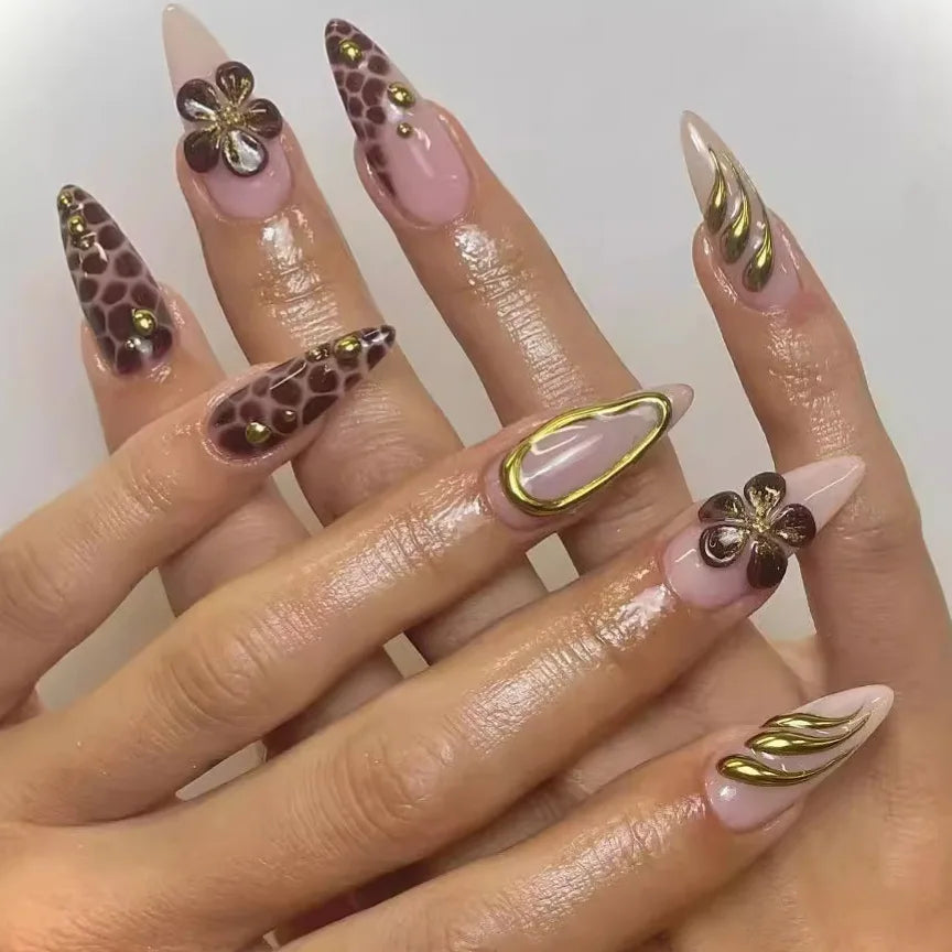 GETADME 24PCS Retro Almond False Nail with 3D Flower Leopard Print French Fake Nail Art Fashionable Wearable Finished Press on Nail Tips