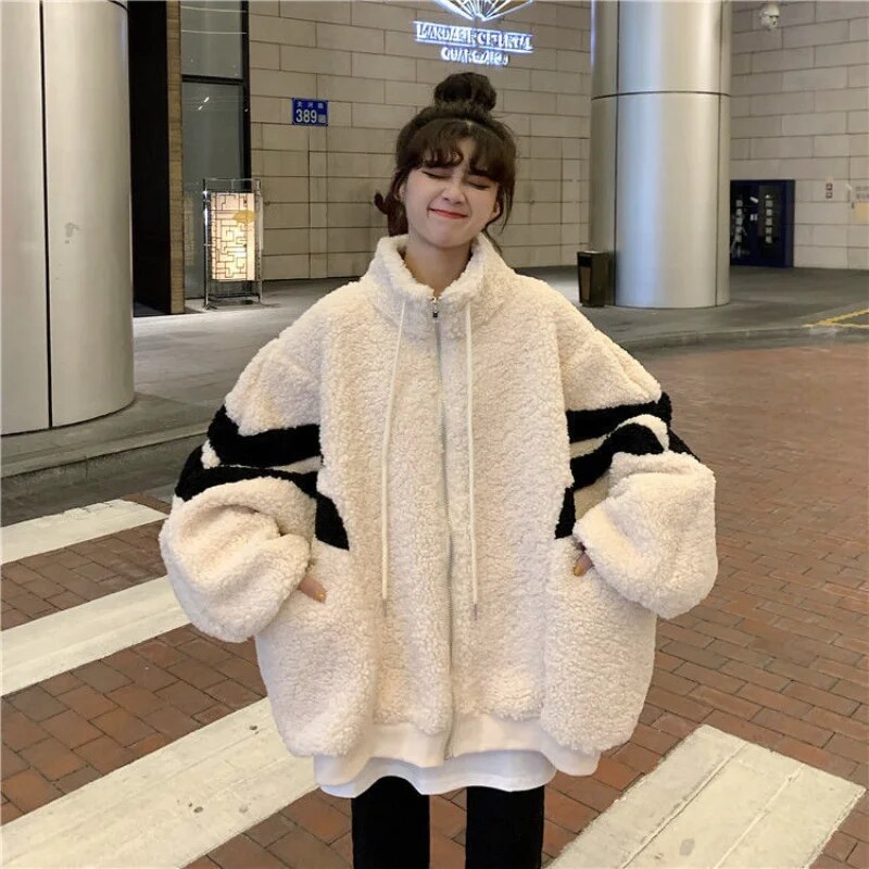 Getadme Women Zipper Jackets Harajuku Oversized Hoodies Korean Streetwear Faux Lamb Fleece Winter Stripe Coats Casual Outerwear