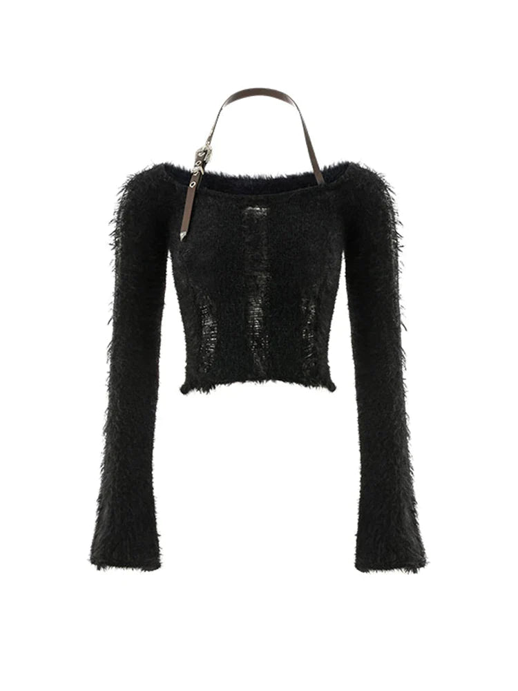 Getadme 4 Fall Woman 2000s Gyaru Coquette Halter Crop Top Pullovers Slash Neck Jumper Fluffy Sweater Design Knitwears Y2K Hot Sexy Kawaii