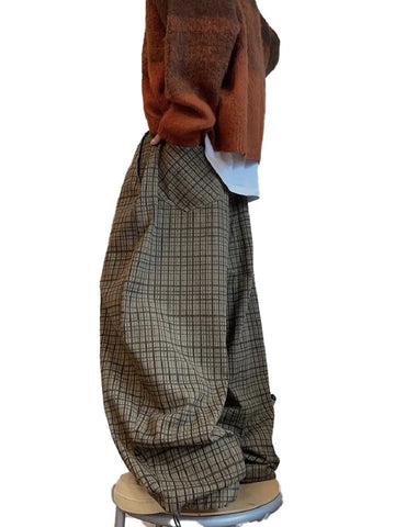 GETADME Mauroicardi Spring Autumn Cool Oversized Long Flowy Baggy Wide Leg Pants for Mens Streetwear Loose Plaid Canvas Trousers 2025