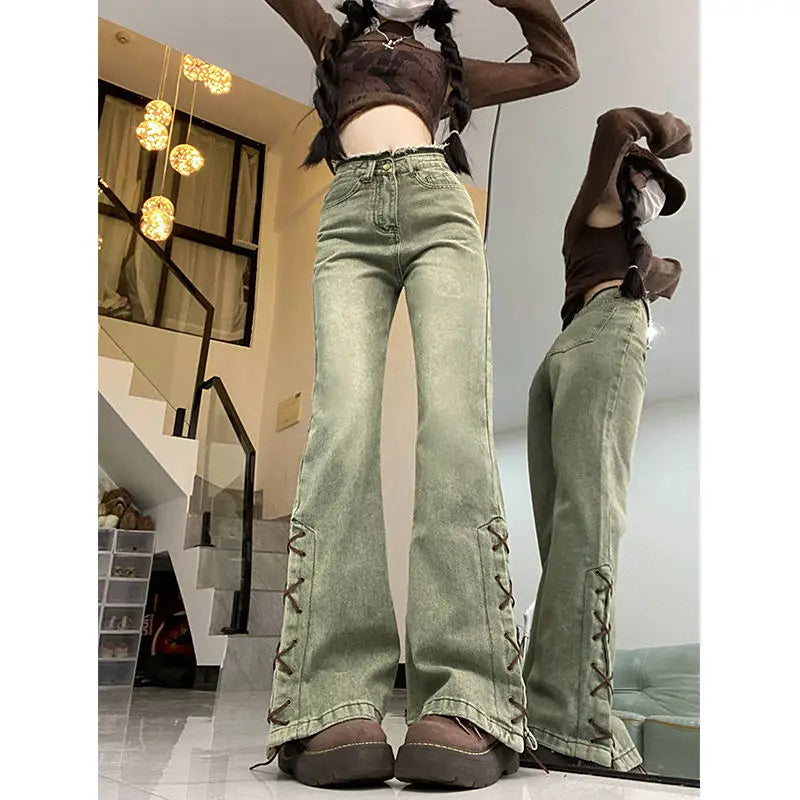 Getadme-Fashion Strappy Green Washed Micro-flared Jeans Women Y2K Retro Streetwear Loose Hot Girls Trendy Casual Straight Jeans