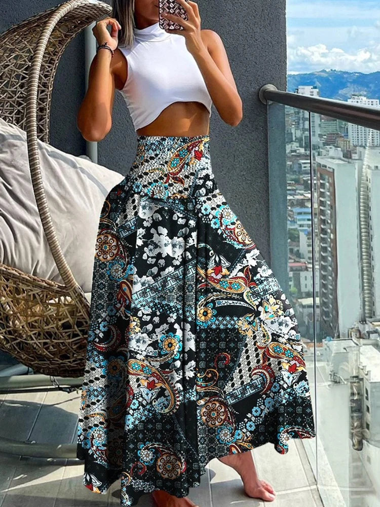Getadme-Boho Print Skirts For Women 2024 Summer Casual Elastic High Waist A-line Big Swing Long Dress Vacation Beach Party Skirt Robe