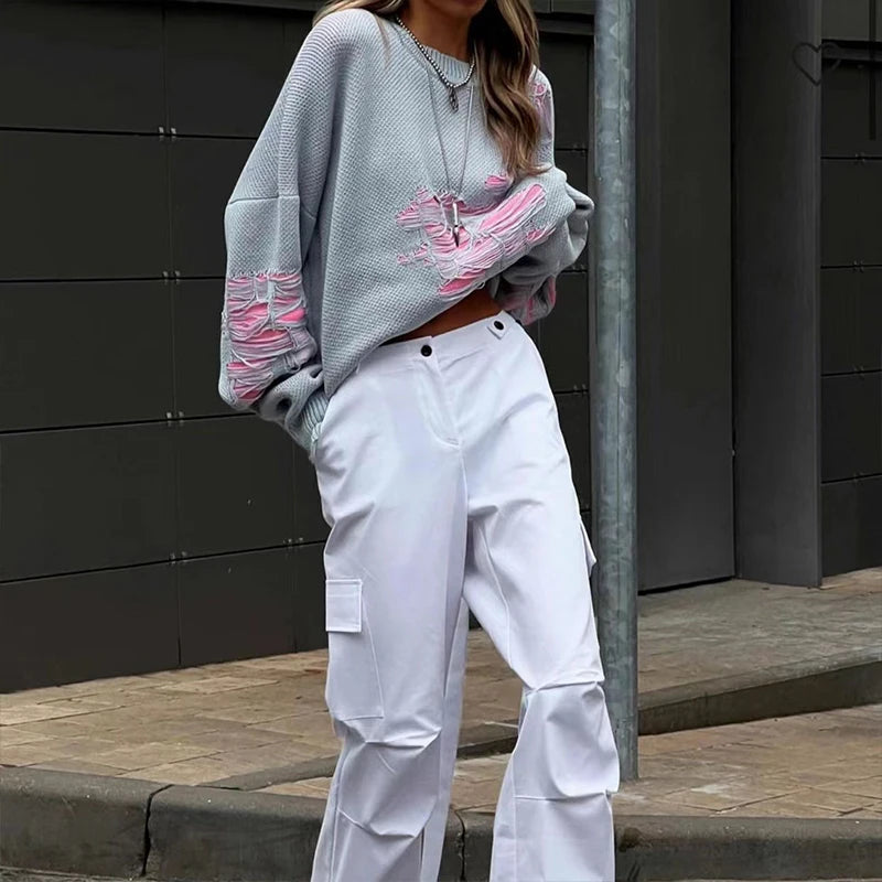 OMSJ Wasteland Style Fashion Contrast Hole Sweater Women Woolen Knitted Loose Baggy Casual Hottie Crew Neck Pullovers Streetwear