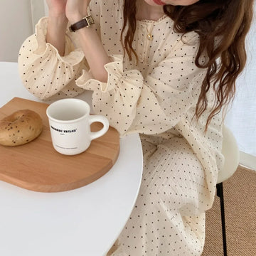 GETADME Polka Dot Nightgown Sleepwear Women Korean Ruffles Night Dress Spring One Piece Pajamas Long Sleeve O-neck Home Wear 2025 New