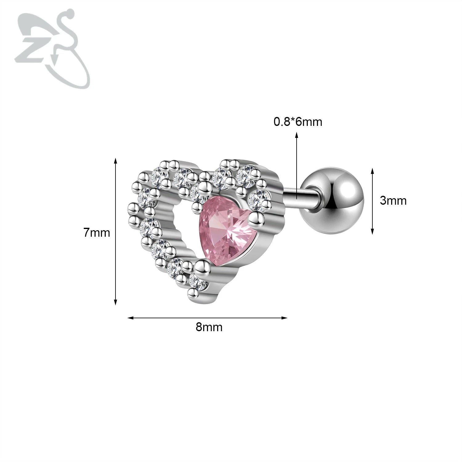 GETADME ZS 1 Piece 20G Cute Heart Stud Earring For Children Women Pink CZ Crystal Earrings Ear Cartilage Helix Conch Piercing Jewelry