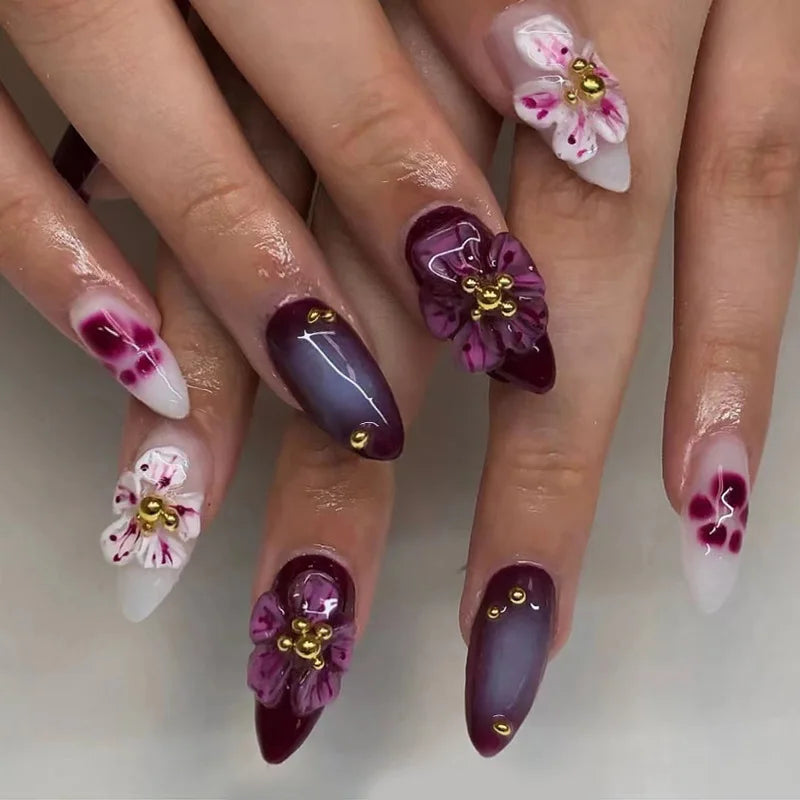 GETADME 24Pcs Mid-length Almond False Nails Press on 3D Flower Design Full Cover Nails Tips Art for Woman Datachable Finished Fake Nails