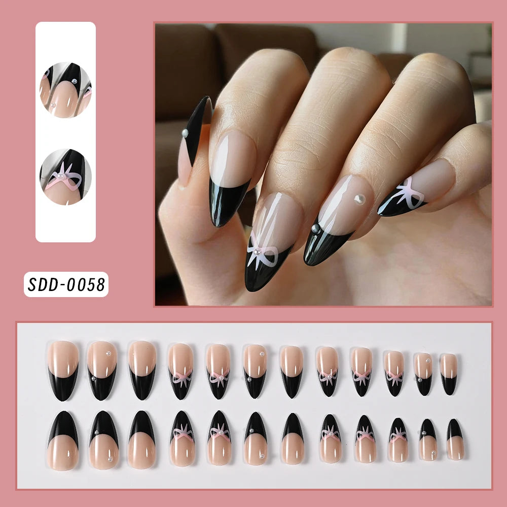 GETADME 24Pcs Almond Blue French Press On nails 3D Pearl Flower Medium Length False Nails Full Cover Artificial Acrylic Fake Nails Tips