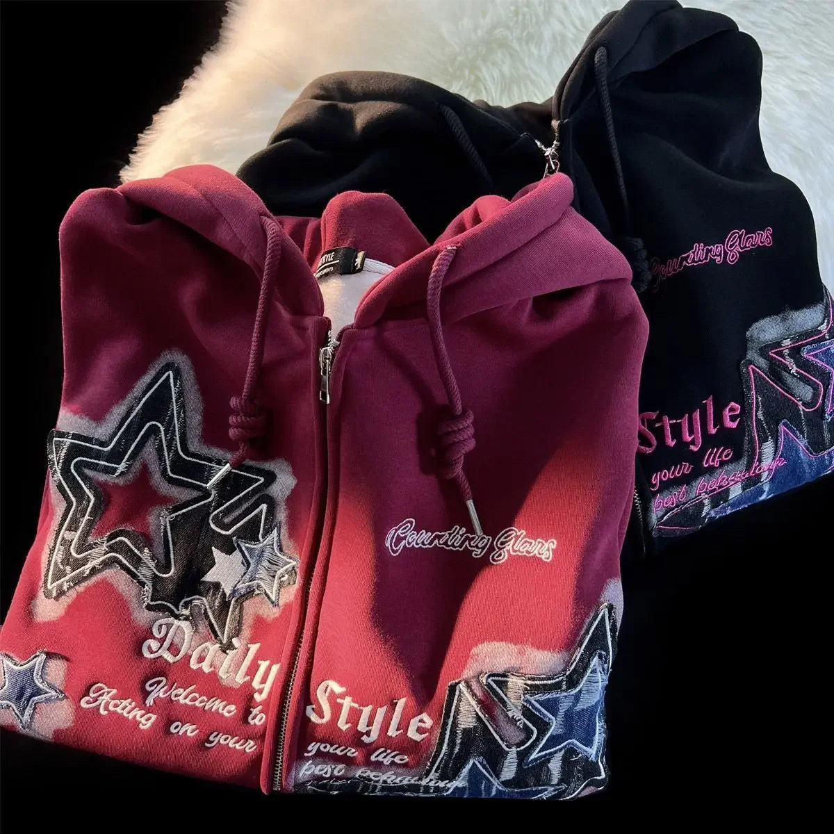 GETADME Aesthetic Star Print Cardigan Zip Up Sweatshirt Men Women Autumn Winter Loose Tide Brand Couple Hooded Zip Jacket Harajuku Y2k