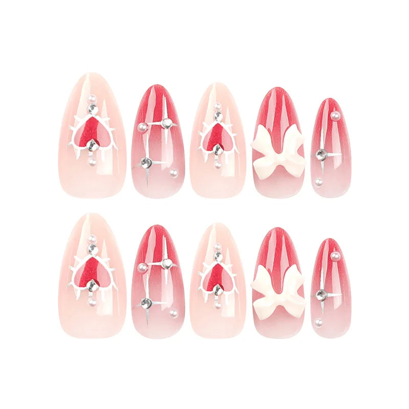 GETADME 24 PCs Valentine's Day Long Almond Shape Novelty Pearl Bow Love Nail with 1 File and 1 Jelly Glue