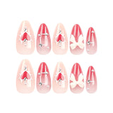 GETADME 24 PCs Valentine's Day Long Almond Shape Novelty Pearl Bow Love Nail with 1 File and 1 Jelly Glue