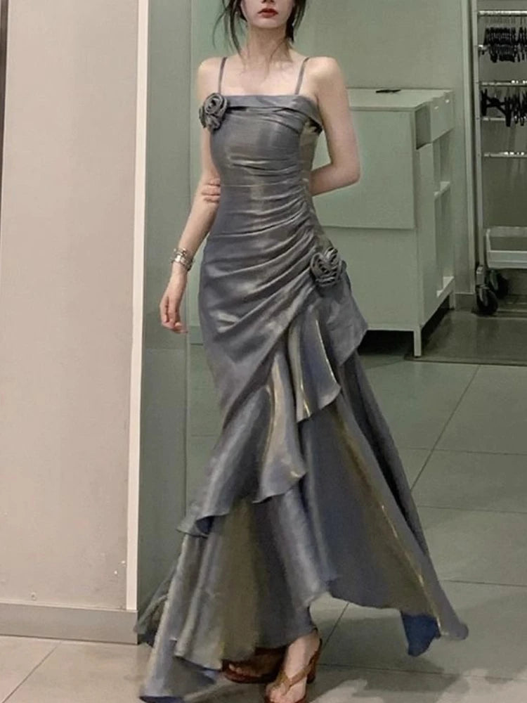 Getadme Korean Vintage Velvet Long Dress Women Luxury Slim Mermaid Spaghetti Strap Floral Dress Elegant Sexy Casual Evening Party Dress