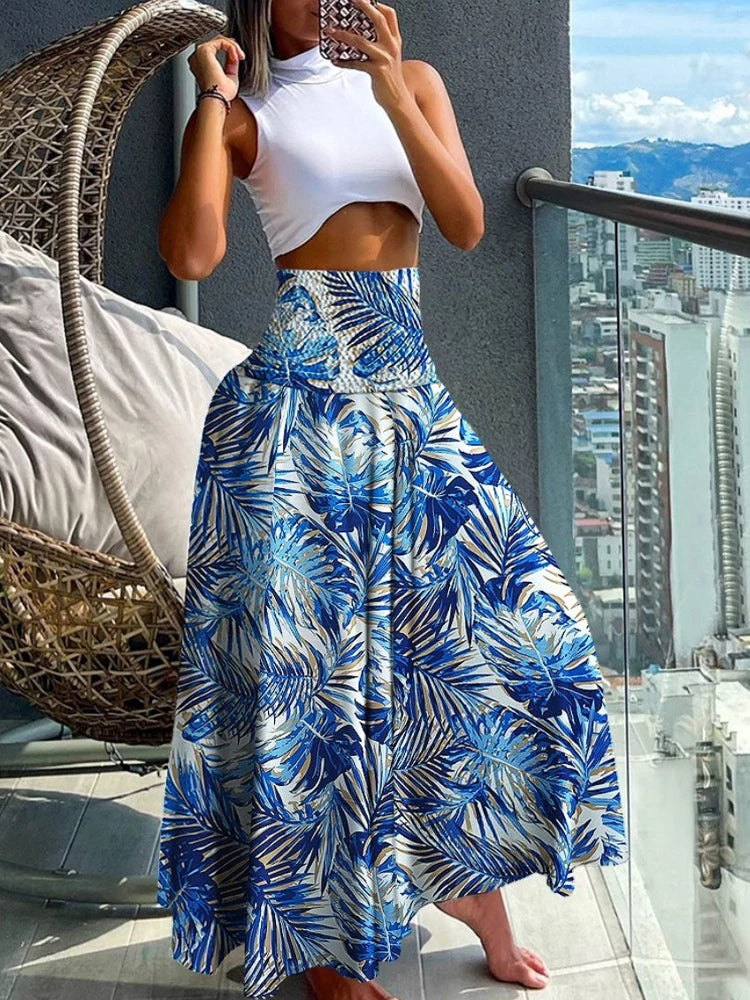Getadme-Boho Print Skirts For Women 2024 Summer Casual Elastic High Waist A-line Big Swing Long Dress Vacation Beach Party Skirt Robe