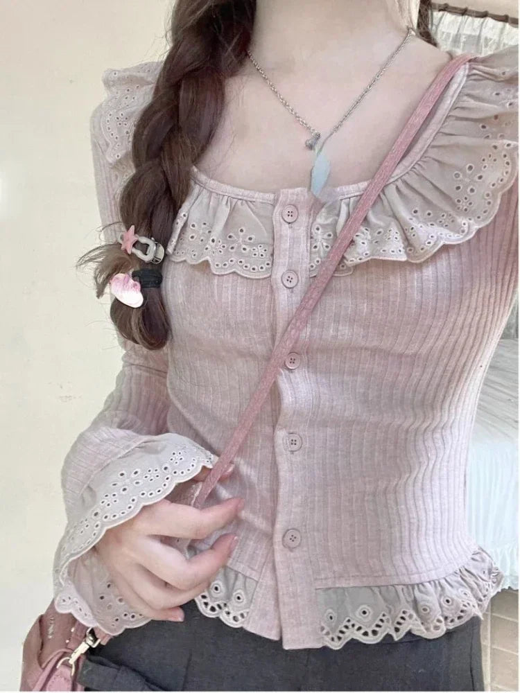 Getadme Winter Kawaii Lolita Blouse Women Lace Knit Korean Elegant Blouse Female Long Sleeve Japanese Casual Designer Tops New