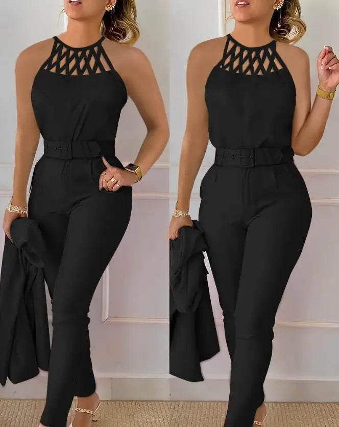 GETADME Two Piece Set Women Outfit 2025 Summer Fashion Hollow Out Round Neck Sleeveless Tank Top & Casual Pocket Daily Pants Set