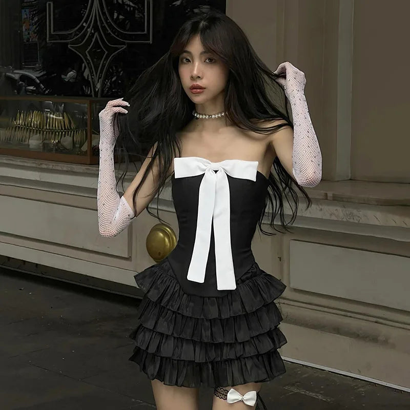 Getadme-Folds Slim Dress Sets Women Bow Splice Sexy Off Shoulder Crop Tops Ladies Party Mini Skirts 2 Piece Sets Womens Outfits