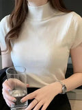 GETADME Women's Half-High Neck T-Shirt Fashion Jumper Casual Tops Korean Style Elegant Solid-Coloured Clothing Spring And Summer Season