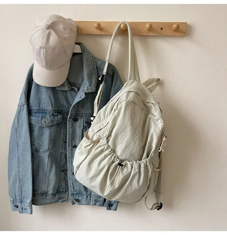 GETADME Casual Backpack Women Large Capacity Fashion Junior High School Student Pleat Schoolbag Cloth Bag Korean Travel Backpack