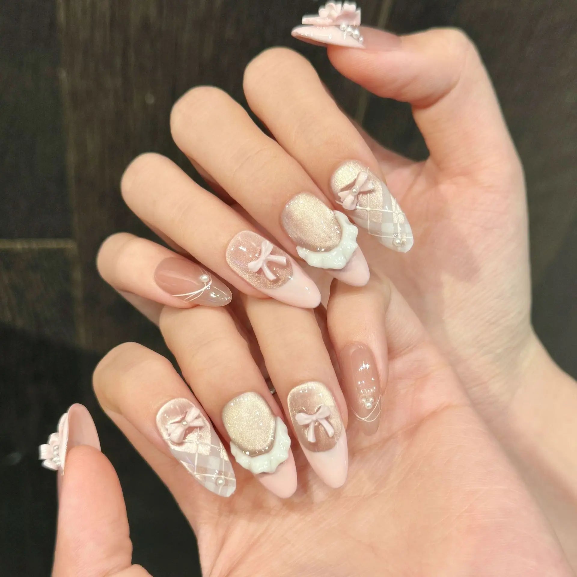 Getadme 10pcs Handmade Press on Nails French Cat Eye Pink Bow Decor Korean False Nails Wearable Full Cover Ins Almond False Nail Tips
