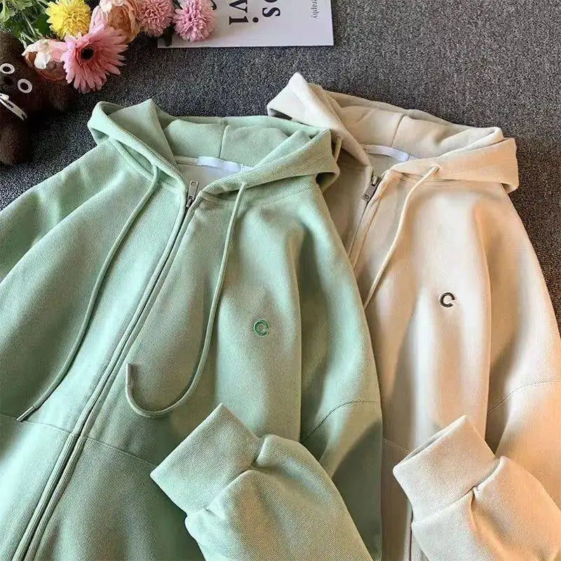 Getadme Hooded Hoodie Women's Spring Autumn New Loose Lazy Style Large Solid Color Drawstring Zipper Cardigan Coat Casual Women's Wear