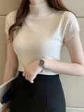GETADME Women's Half-High Neck T-Shirt Fashion Jumper Casual Tops Korean Style Elegant Solid-Coloured Clothing Spring And Summer Season