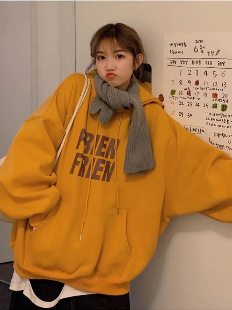 Getadme- Oversized American Retro Hoodies Women Korean Casual Hooded Sweatshirts Thicken Warm Top Harajuku Pullover Autumn