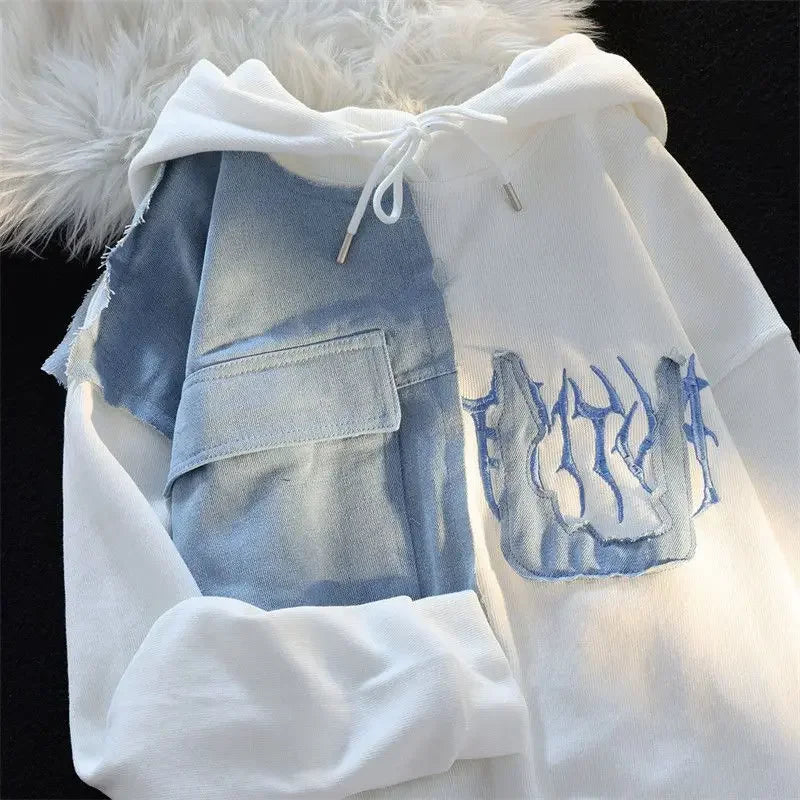 Getadme-American retro patch stitching hooded sweater men and women spring and autumn national tide couple long-sleeved loose shirt tide