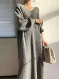 Getadme New in Women's Winter Sweater Long Dress 2024 Vintage Elegant V-Neck Pullover Knitted Fashionable Commuting Women's Clothing