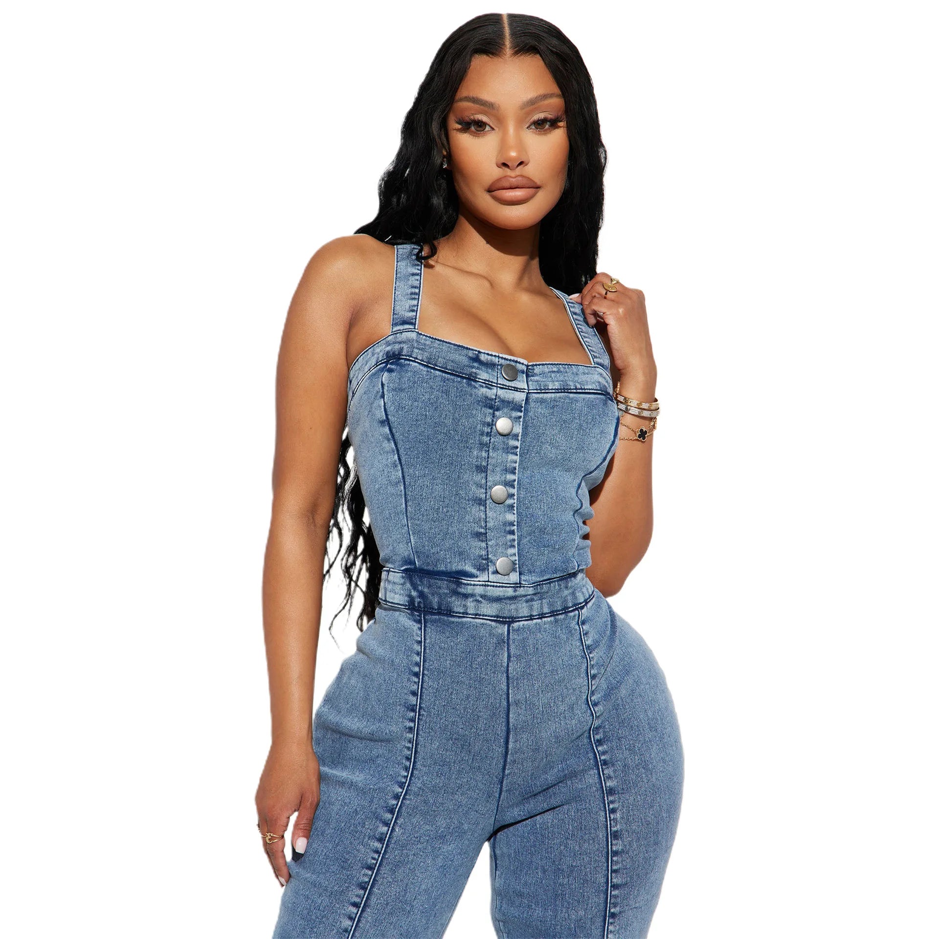 GETADME Women Jeans Rompers Sexy Overalls Jumpsuits Square Collar One Piece Solid Flare Pants Ankle Length Baics Spliced Button
