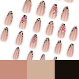 GETADME 24pcs Brown French Leopard Print Press On Nails Stereo Pink Flower Designs Autumn False Nails Sweet Cool Almond Fake Nail Tips