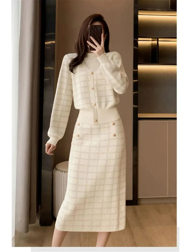 Getadme Elegant Half Turtleneck Plaid Sweaters Tops+slim High Waist Knitwear Skirts 2 Piece Sets Women New Streetwear Pullover Tracksuit
