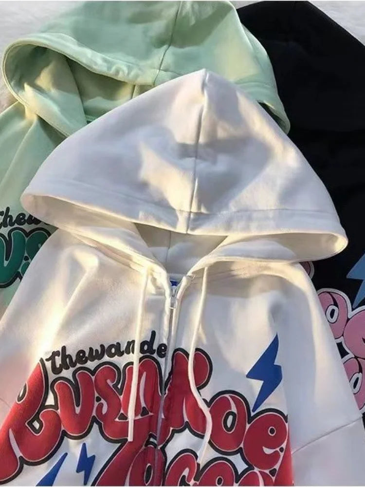 Getadme-American Retro Zip Up Graphic Hoodies Women Streetwear Loose Letter Printed Hooded Sweatshirts Hiphop Thin Top