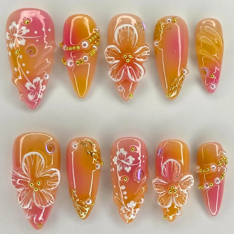 GETADME 24Pcs Mid-length Almond False Nails Press on 3D Flower Design Full Cover Nails Tips Art for Woman Datachable Finished Fake Nails