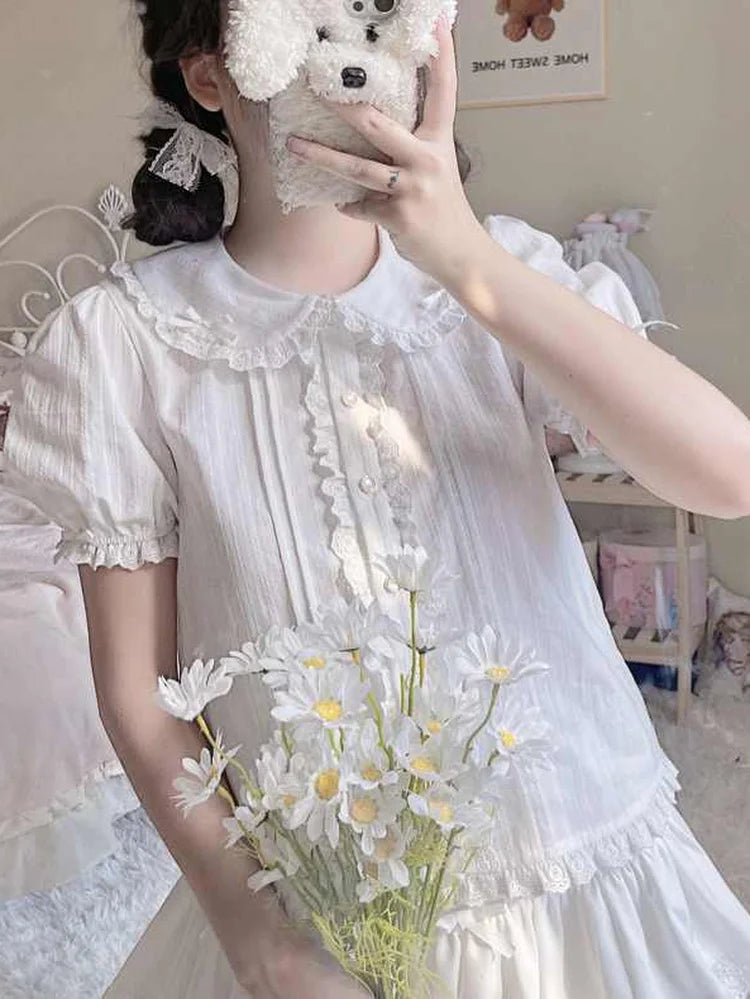 Getadme-2024 Summer Jk Shirts Women Kawaii Peter Pan Collar Japanese Style Lolita White Lace Mesh Blouse Student Top Daily Sweet Fashion