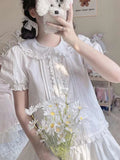 Getadme-2024 Summer Jk Shirts Women Kawaii Peter Pan Collar Japanese Style Lolita White Lace Mesh Blouse Student Top Daily Sweet Fashion