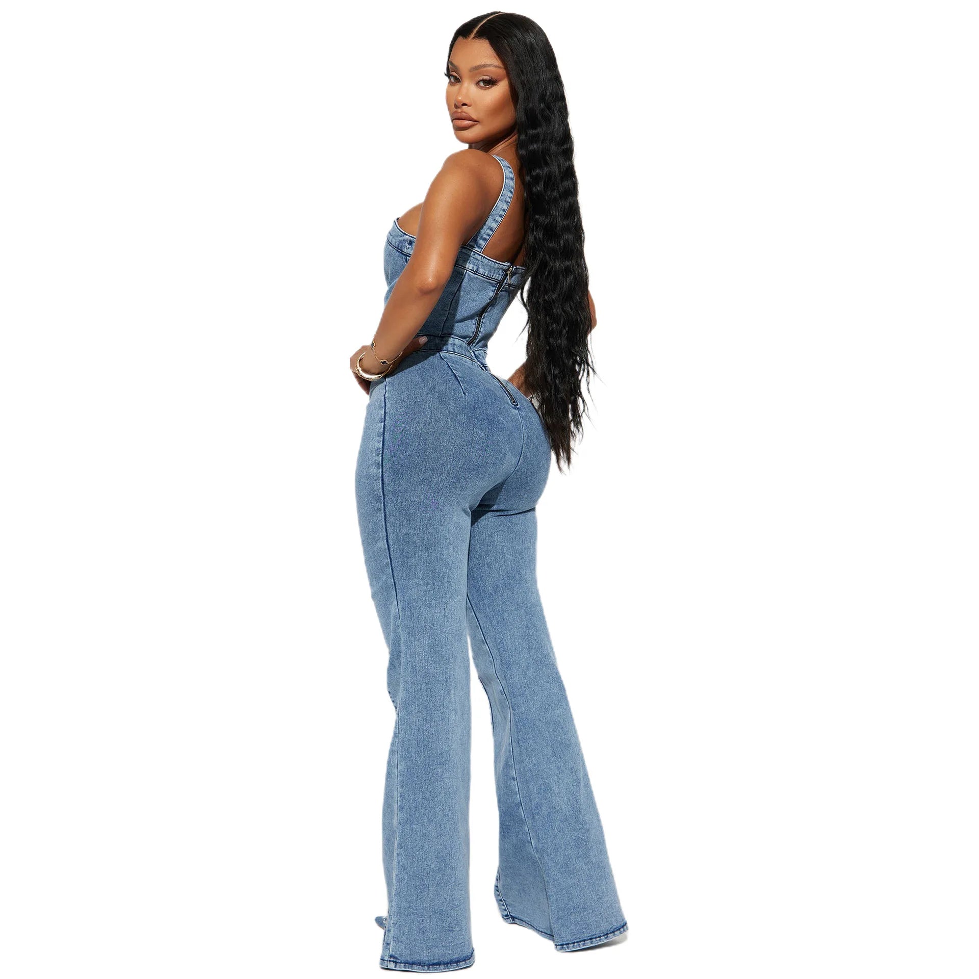 GETADME Women Jeans Rompers Sexy Overalls Jumpsuits Square Collar One Piece Solid Flare Pants Ankle Length Baics Spliced Button