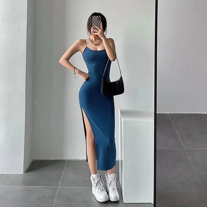 Getadme-2024 New Sexy Sleeveless Slim Long Dress Women Party Club High Split Spaghetti Strap Dresses Woman Bodycon Dress Female