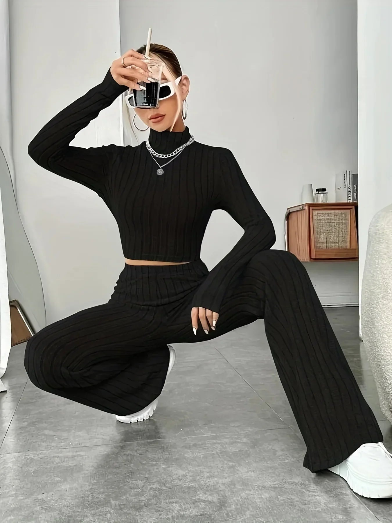 Getadme-Spring Knitted 2 Piece Sets Women Tracksuit Long Sleeve Vintage Sweater Crop Top Flare Pants Stretch Matching Suit Outfit