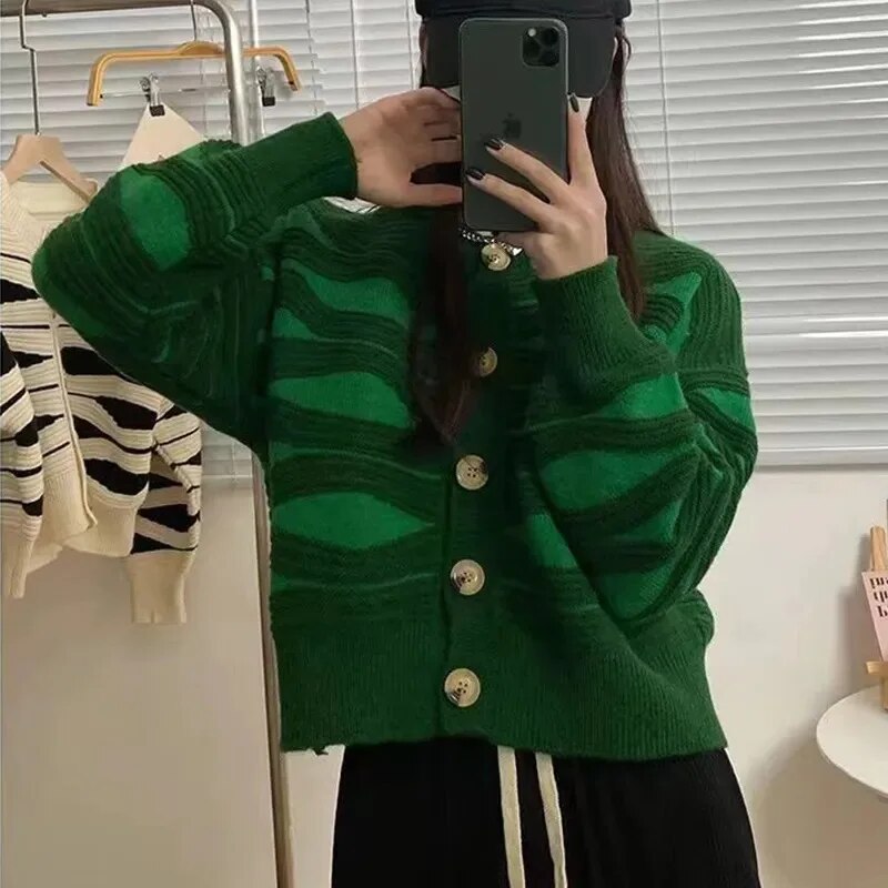 Stripe Sweater Women Cardigan 2023 Autumn Fashion Long Sleeve Knitted Cardigans Lazy Sweater Female Single Breasted Knit Coat