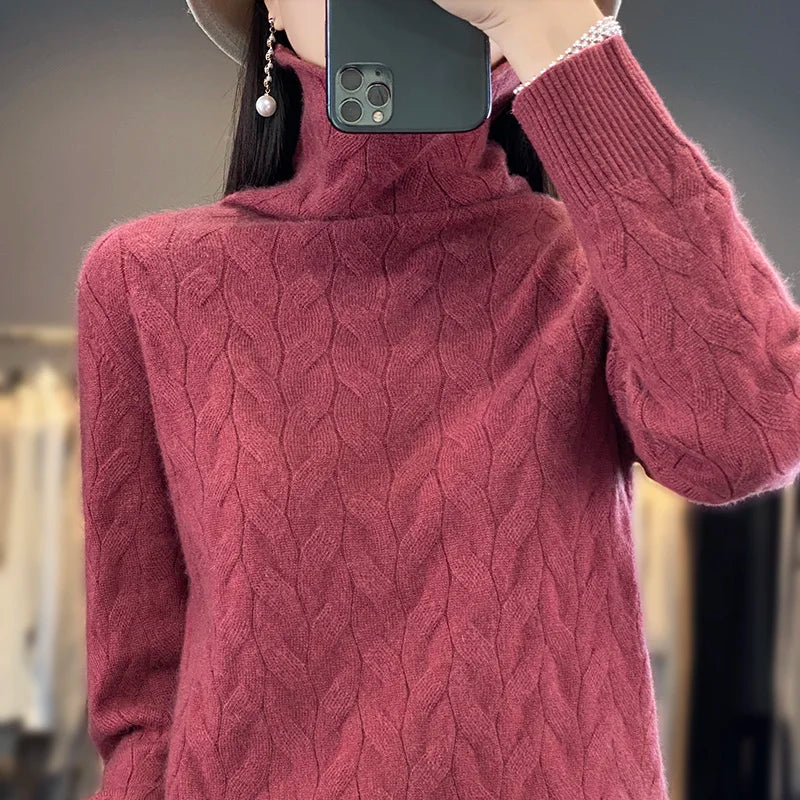 Getadme-Autumn Winter Women's Soft Wool Sweater Pile Collar Twisted Thickened Pullover Casual Basis Top Cashmere Female Knitwear