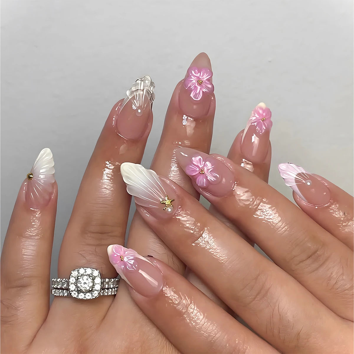 GETADME 24Pcs Mid-length 3D Flowers Design Fingertips Sweet Butterfly Yellow Ripple Almond False Nails Detachable Full Cover Press Ons