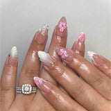 GETADME 24Pcs Mid-length 3D Flowers Design Fingertips Sweet Butterfly Yellow Ripple Almond False Nails Detachable Full Cover Press Ons