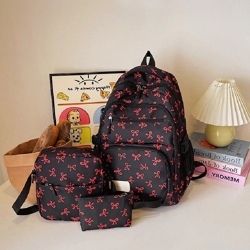 GETADME 3 Pcs/Set Cute Large Capacity Backpack For girl Bow Print Nylon School Bag Adjustable Strap women Travel Computer Backpack